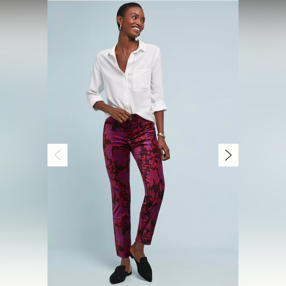 Anthropologie the Essential Slim Velvet Pants in Purple & Red Pattern, Size 4
